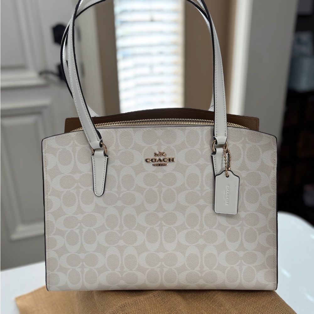 Coach White and Tan Shoulder Bag with Signature Pattern
